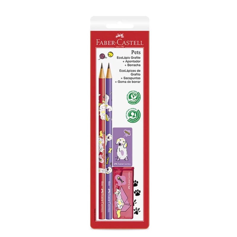 ✏️ Kit Faber-Castell Pets Original – Lápis + Apontador + Borracha | Fofo, Sustentável e Completo