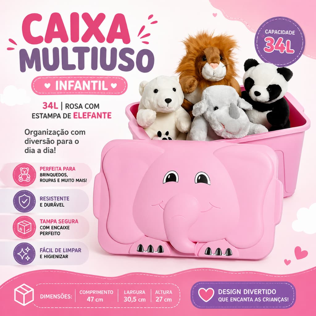 Caixa Multiuso Infantil 34L P/ Criança Rosa Com Estampa de Elefante Organizador Armazenar Brinquedo