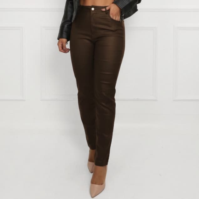 Calça Feminina Resinada Skinny Cintura Alta Tendência Moda