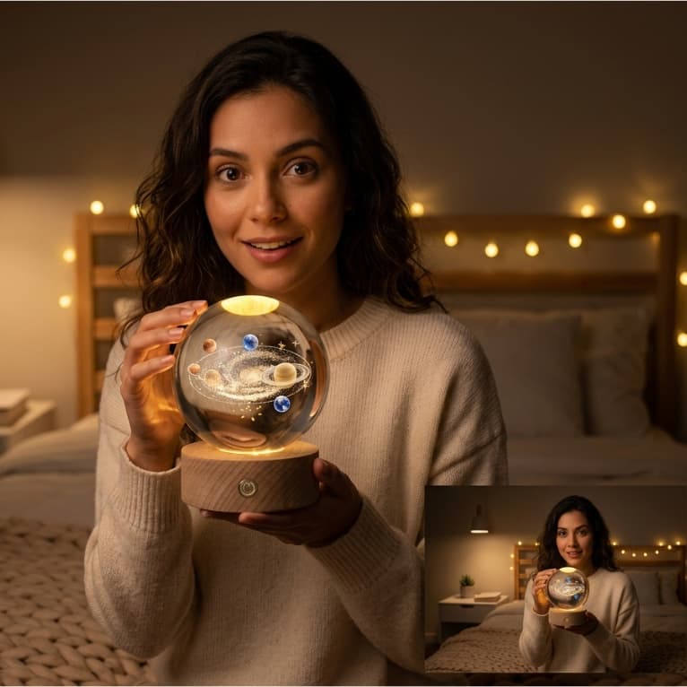 Luminária Galáxia 3D LED Cristal USB Petrin Abajur Decorativo Quarto Luxo Saturno
