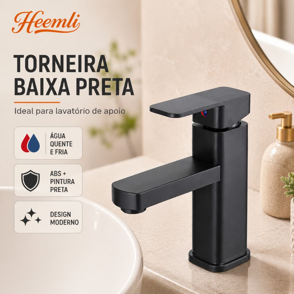 Torneira Baixa para Lavatório Heemli Misturador Água Quente e Fria Econômica Preta Prata
