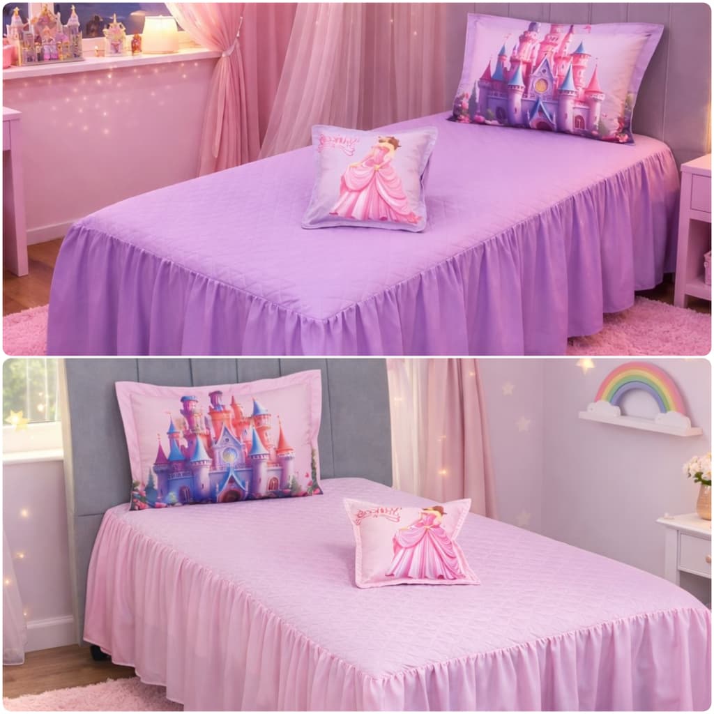 SOLTEIRO Cobre Leito Infantil REINO ENCANTADO 03 Peças - Colcha com Babado Exclusiva Toque Mácio