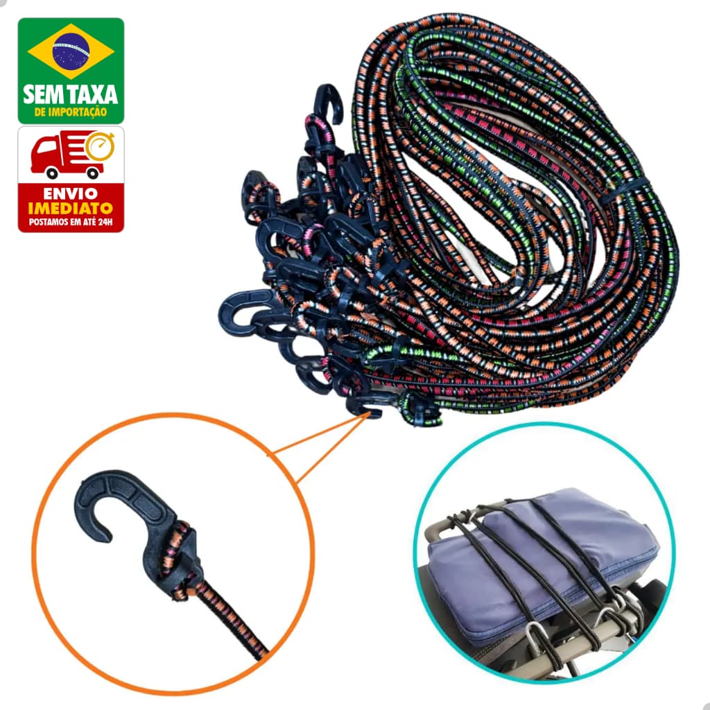 Elástico Estique Bagageiro Moto 1,5m Kit 10 Gancho Plástico Não Arranha Carga Resistente