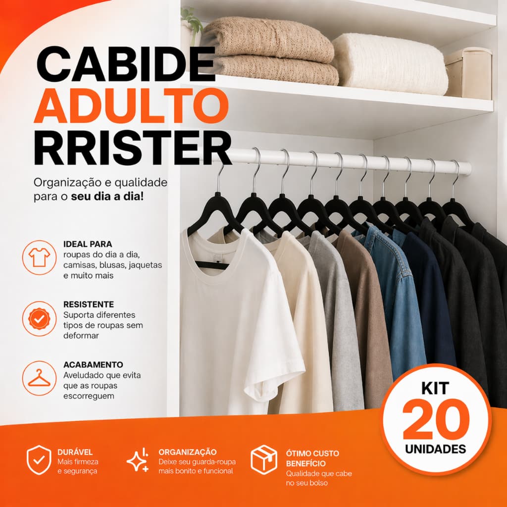Kit 20 Cabides de Veludo Slim Antideslizante RRister Adulto Ultra Fino Organizador de Closet
