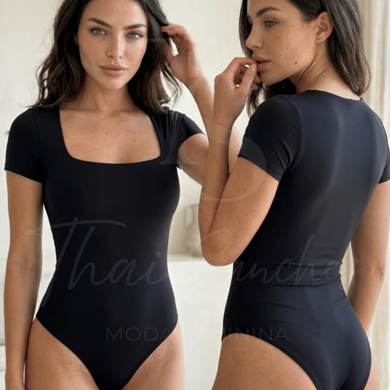Body Feminino Manga Curta Decote Quadrado Suplex Manguinha Forro Duplo Premium Moda Blogueira Casual