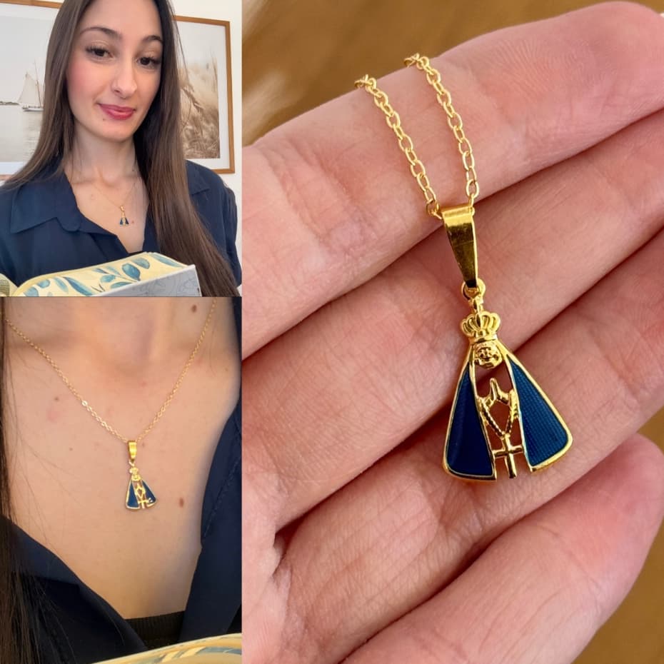 Colar Nossa Senhora Aparecida Folheado a Ouro 18k Manto Azul banhado presente esposa