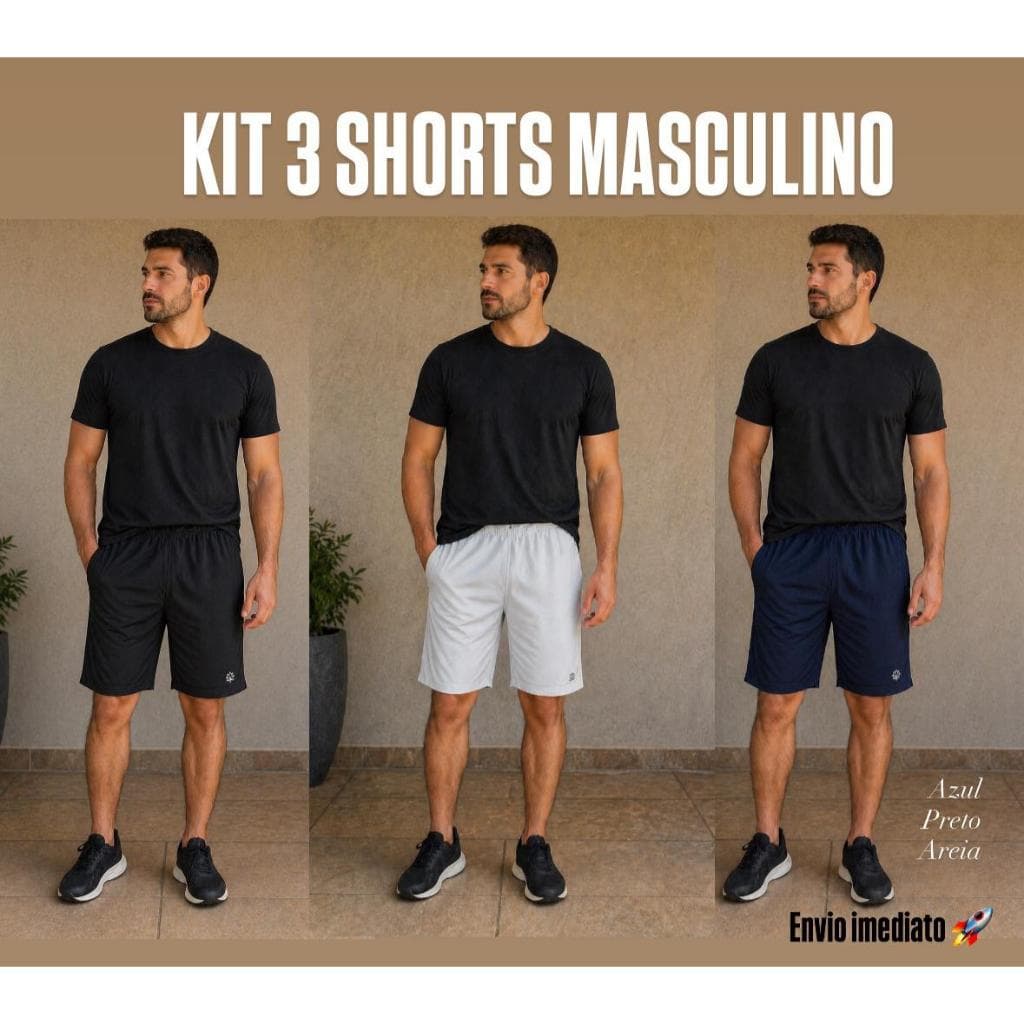 kit 3 Bermuda Shorts Masculina Academia Tactel Praia Treino