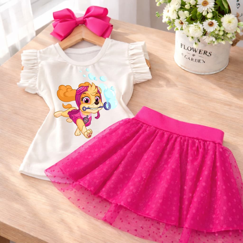 Conjunto Infantil Menina Cachorrinha Sky Patrulha 1 a 10 Anos Blusa Manga Babado + Short Saia Tule Pink Look Fashion