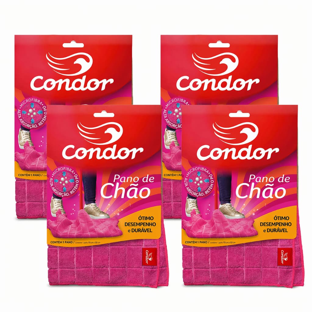 Pano de Chão Microfibra Condor Rosa Grande 70x50cm – Kit 4 Unidades Alta Absorção