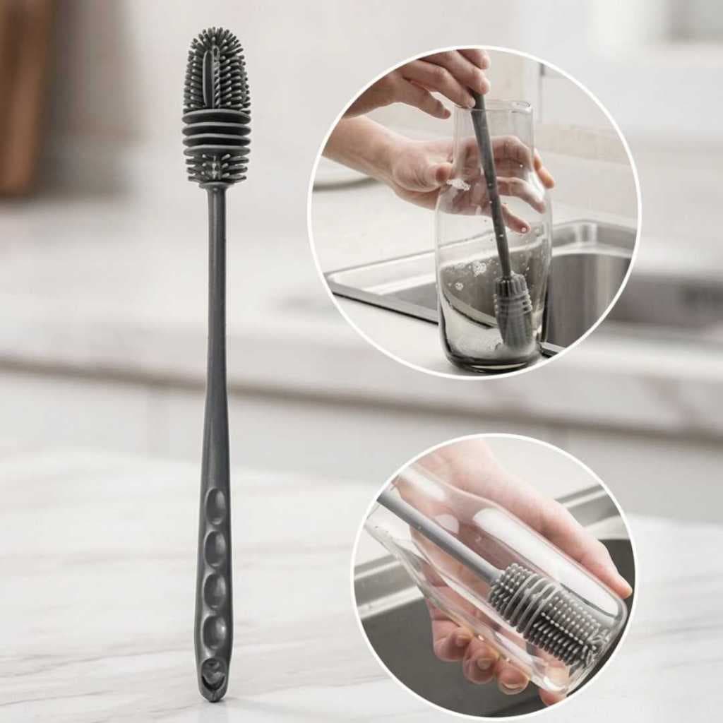 Escova Silicone Para Lavar Garrafa Mamadeira Copo Taça Cabo Longo Limpeza Profunda Cozinha Multiuso