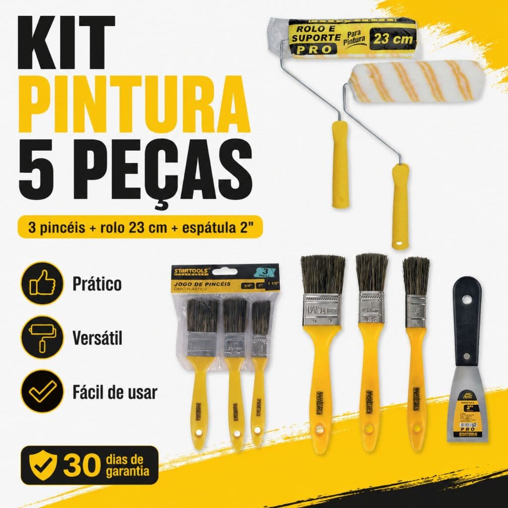 Kit Jogo Pintura 5 Peças Para Parede Rolo Anti Respingo Lã Refil Espátula Pincel Pintor Resistente