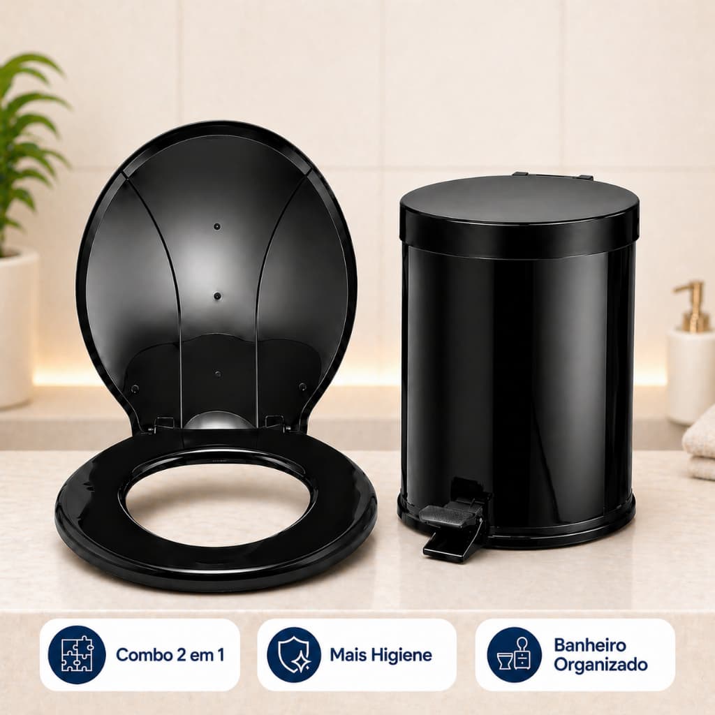 Combo Banheiro Completo Lixeira 8L com Pedal + Assento Sanitário Universal Preto ou Branco.