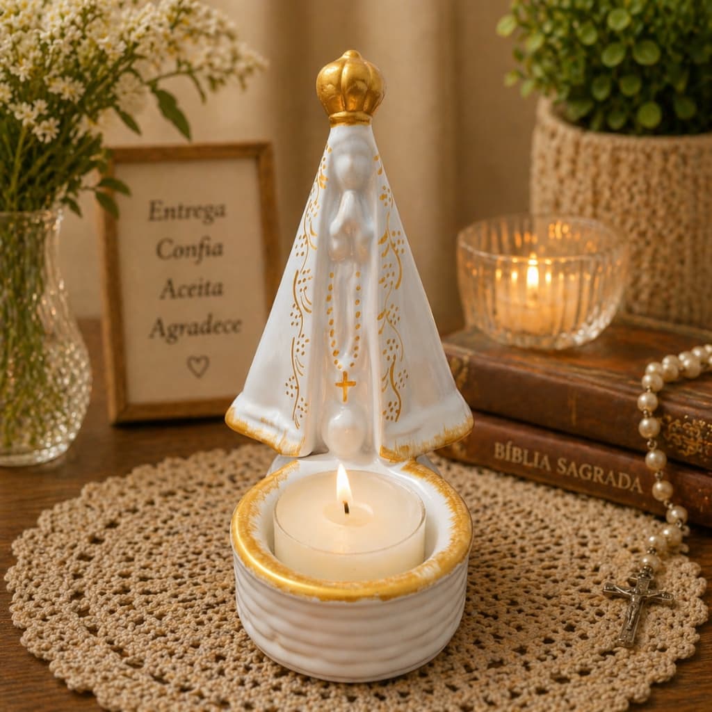Porta Vela Suporte Castiçal Imagem Nossa Senhora Aparecida Decoração Cerâmica