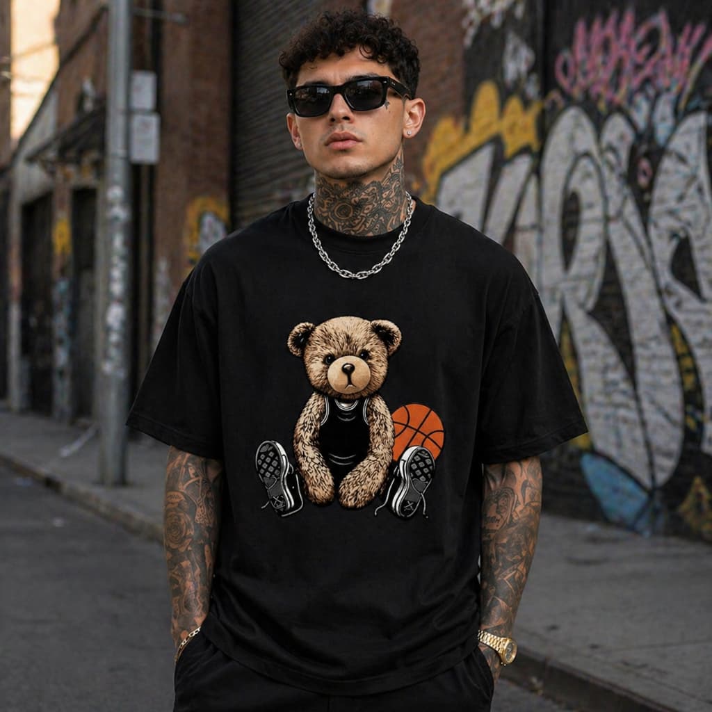 Camiseta Masculina Urbana Estampada Ursinho Divertido Algodão Leve Macia