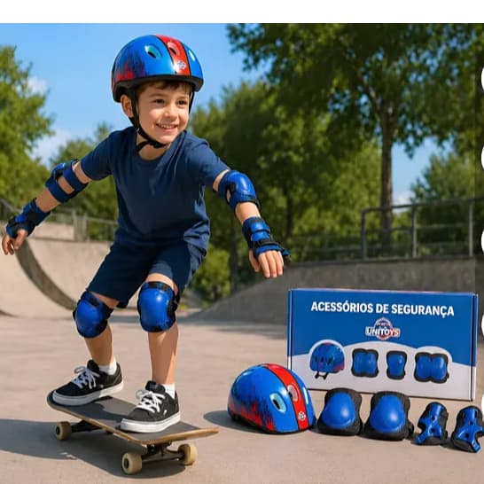 Kit Proteção Infantil Completo 7 Peças Azul e Vermelho com Capacete – Joelheira, Cotoveleira e Munhequeira