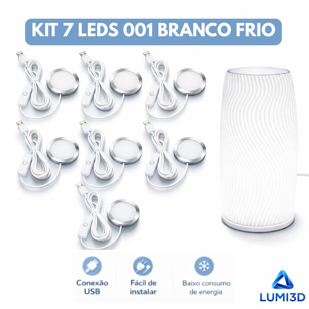 Kit 7x LED 001 Branco Frio USB 5V para Impressora 3D Bambu Lab Projeto DIY