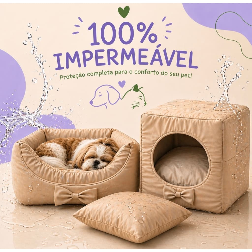 Cama Luxo Iglu 100% Impermeável 3 em 1 Cabana Toca Pet Cachorro Gato Limpeza e Praticidade Preta