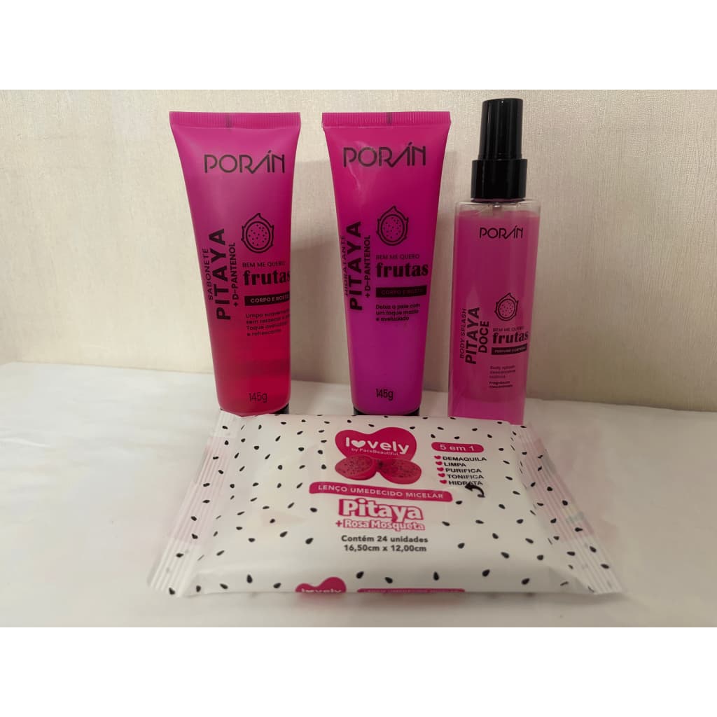 Kit skin care body splash, hidratante, sabonete líquido e lenço demaquilante pitaya Porán
