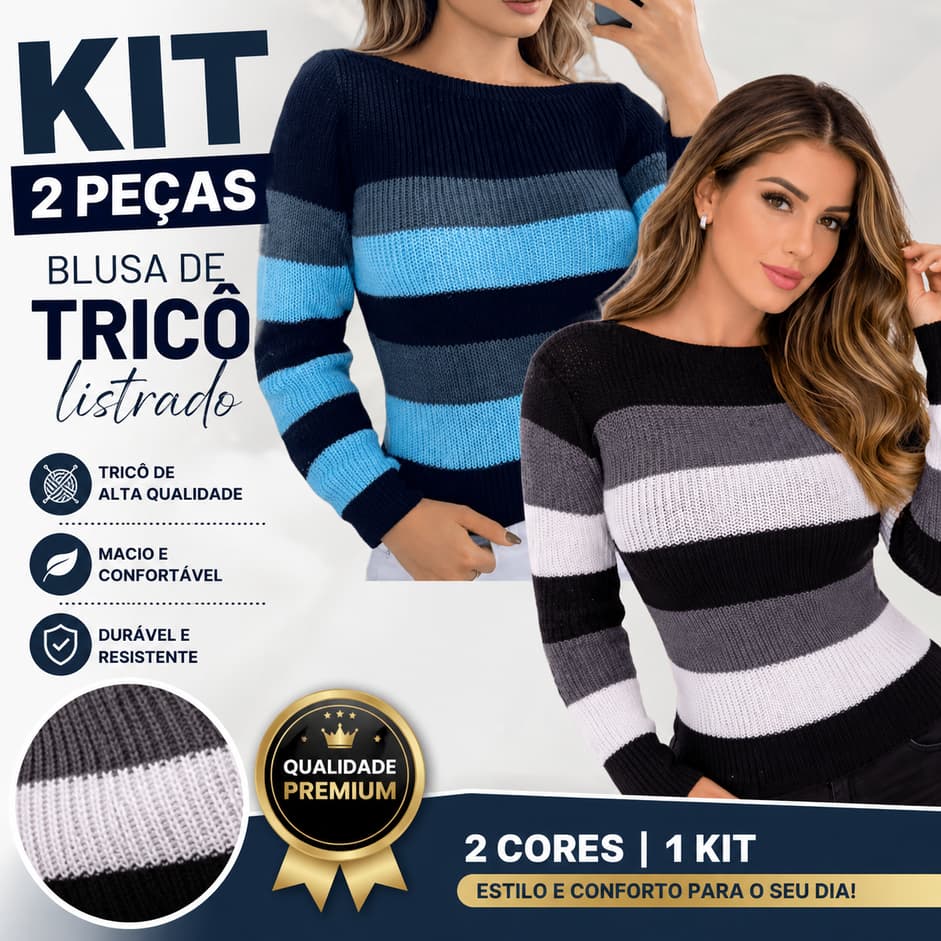 Kit 2 Blusas Feminina Tricô Listrado Sueter Feminino Tricot Tendencia Moda Inverno Promoção