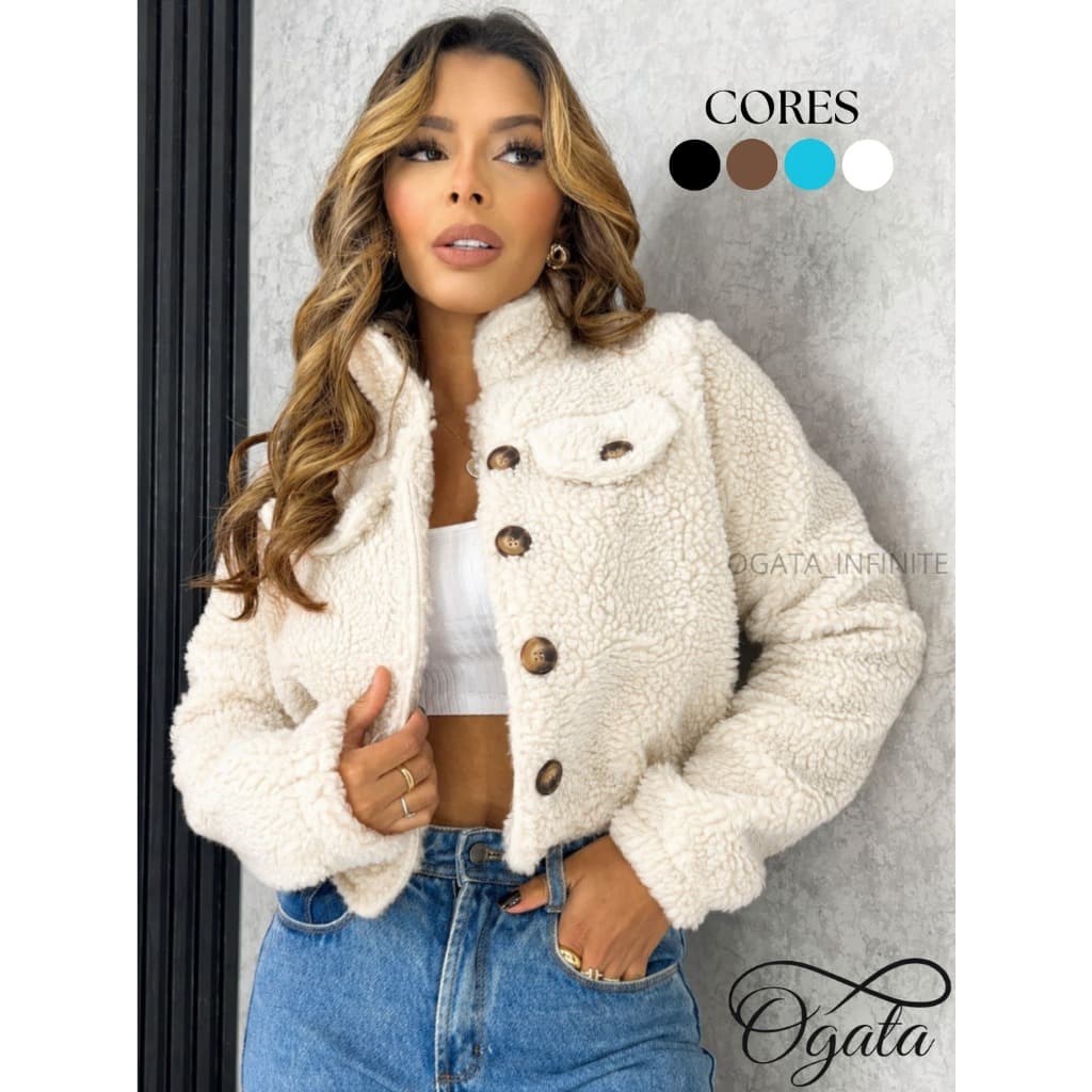 Casaco Teddy Curto Cropped Pelinho Jaqueta Blusa de Frio Feminina Felpudo Ted Tedy Casaquinho