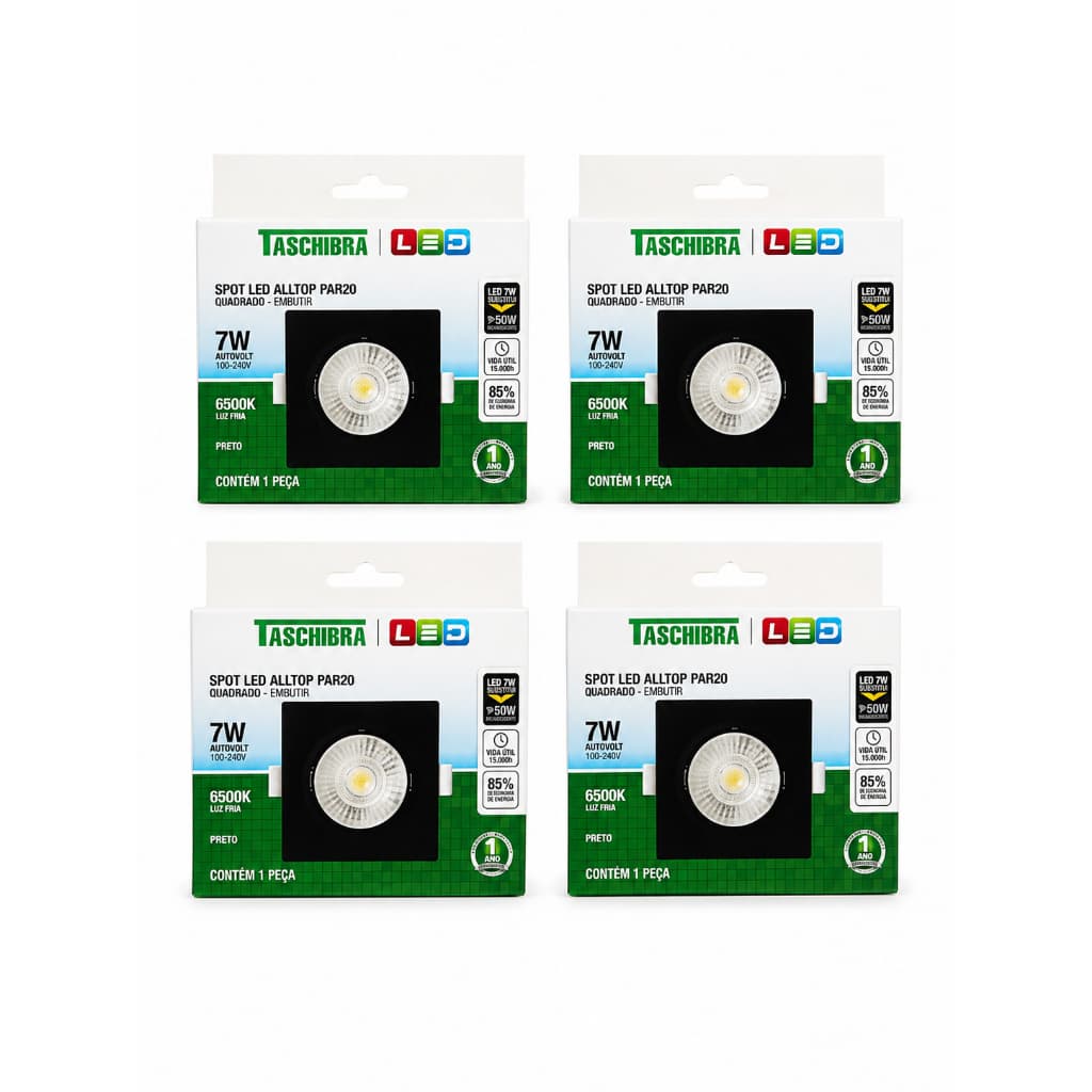 KIT 4X SPOT DE LED QUADRADO 7W DE EMBUTIR PRETO LUZ BRANCA TASCHIBRA