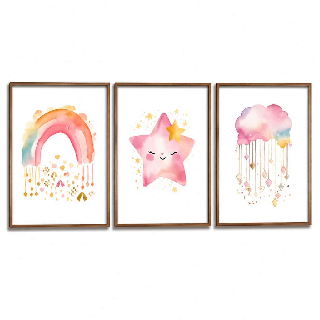 Kit 3 Quadros Decorativos Infantil | Quarto Bebê Menina | Boho Aquarela, Delicado, Arco Iris - No153
