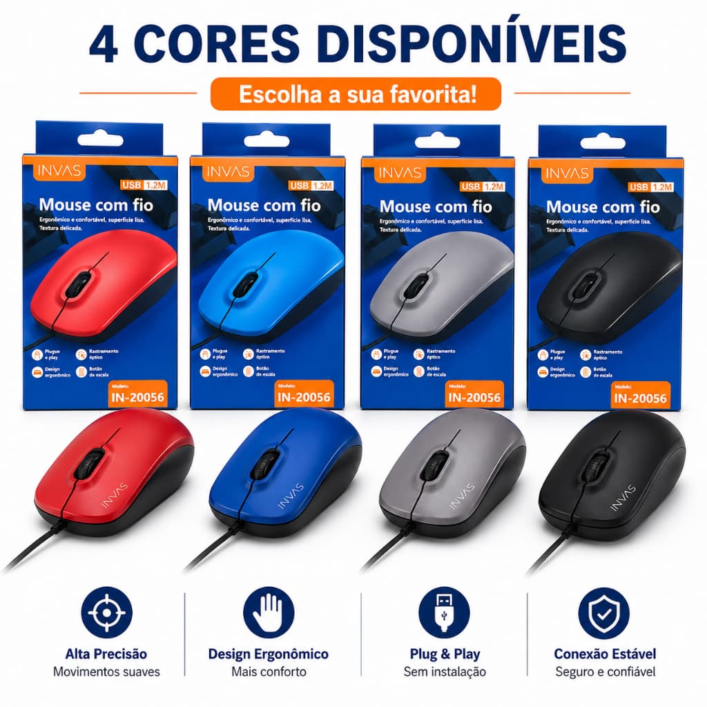 Mouse com Fio USB INVAS IN-20056 Ergonômico 1000 DPI Plug & Play para PC Notebook Escritório