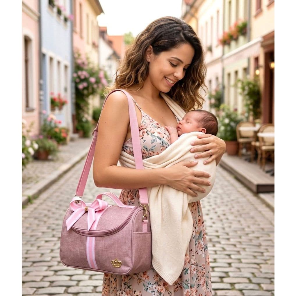 Bolsa Lateral M Rosa Maternidade Luxo Laço