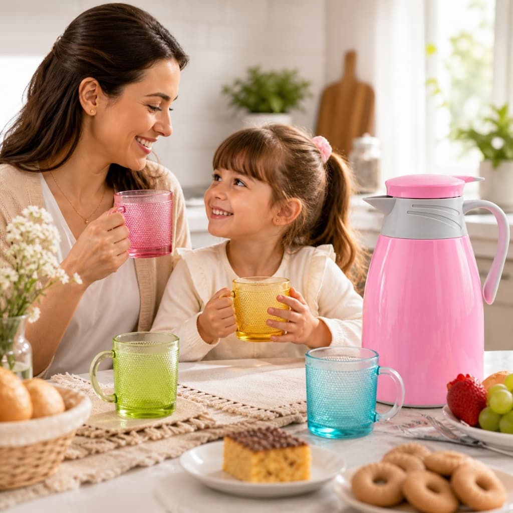 Garrafa Térmica 1L Rosa com 4 Xícaras 190ml Kit Café Leite Xícaras Coloridas Bebidas Quentes e Frias