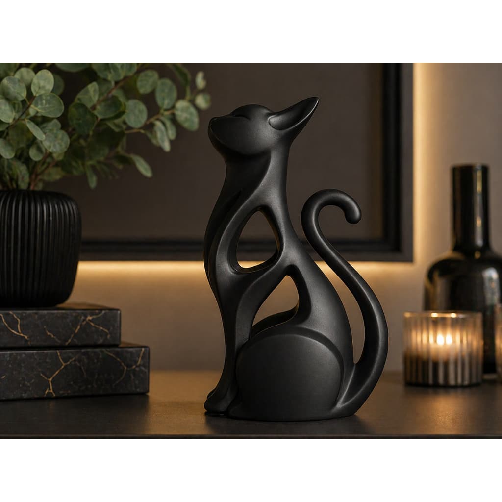 Escultura Gato Decorativo Moderno Minimalista Preto e Branco Decoração Sala Quarto Mesa Luxo