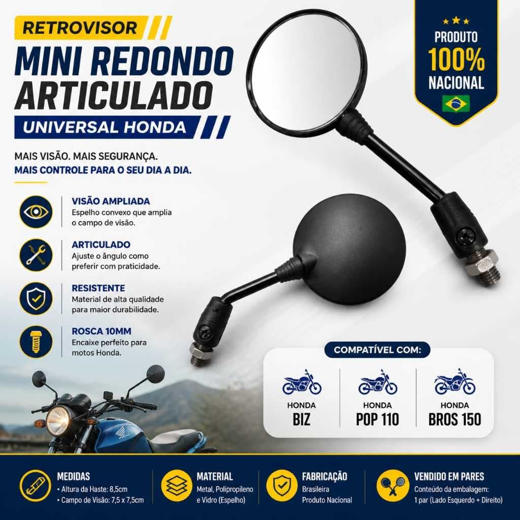 Par Espelho Retrovisor Universal Mini Redondo Articulado