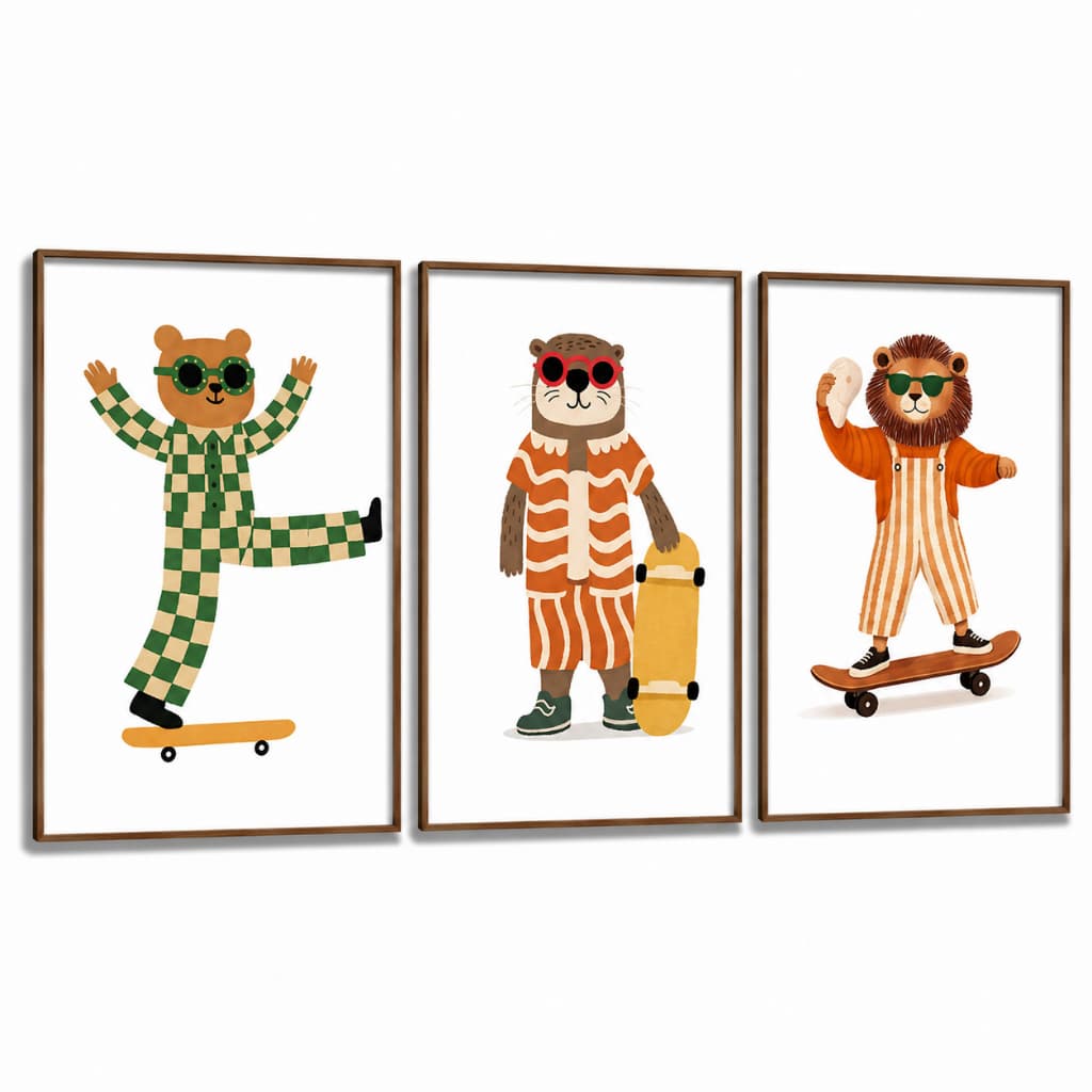 KitQu adros Decorativos Infantil | Quarto Bebê Menino | Animais Safari Skatista, Skate, Leao - No170