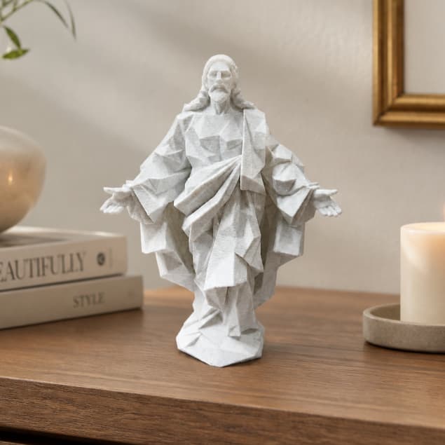Escultura de Jesus Cristo Geométrica 15cm Branco Granito Decoração Religiosa Moderna