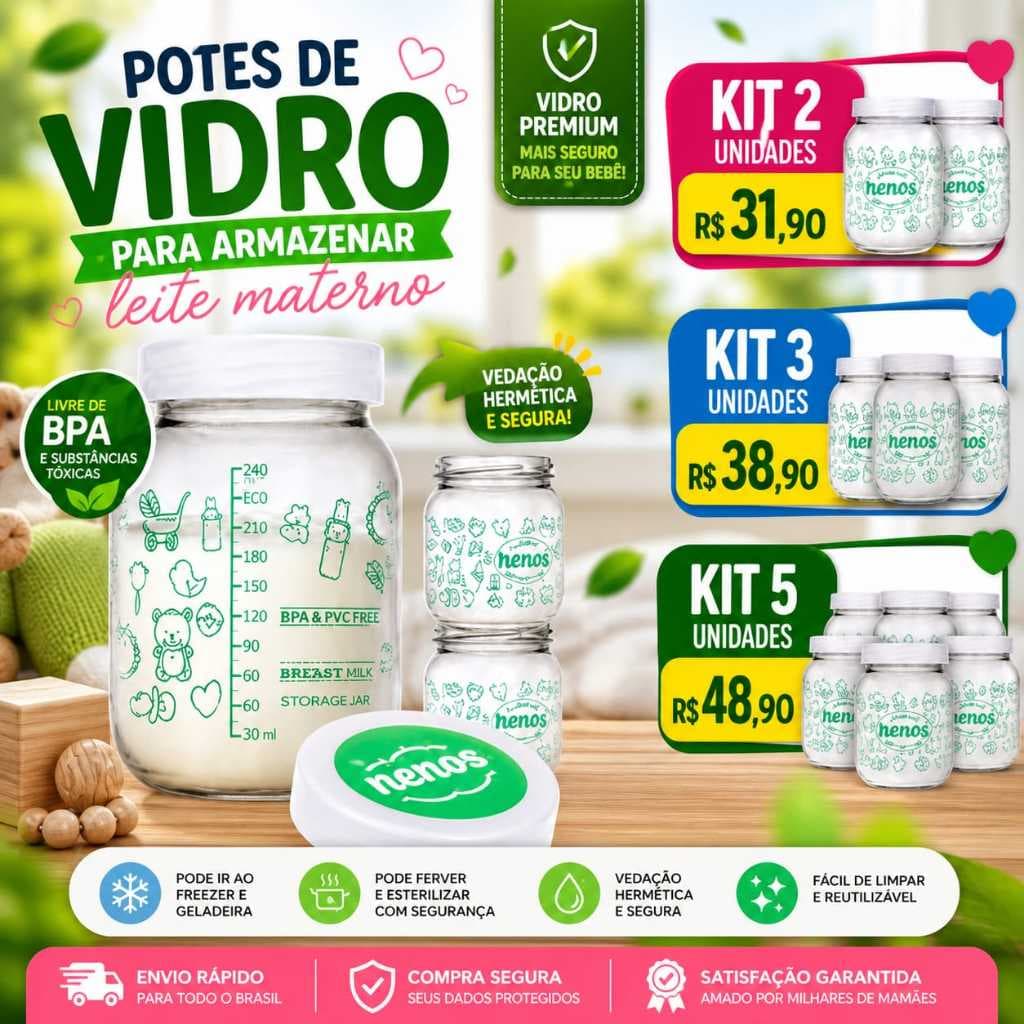 Potes de Vidro 267ml, Armazenar Leite Materno ou Papinha, Tampa Plástica BPA-Free (Baby-Verde) - ENVIAMOS EM 24 HORAS🚚