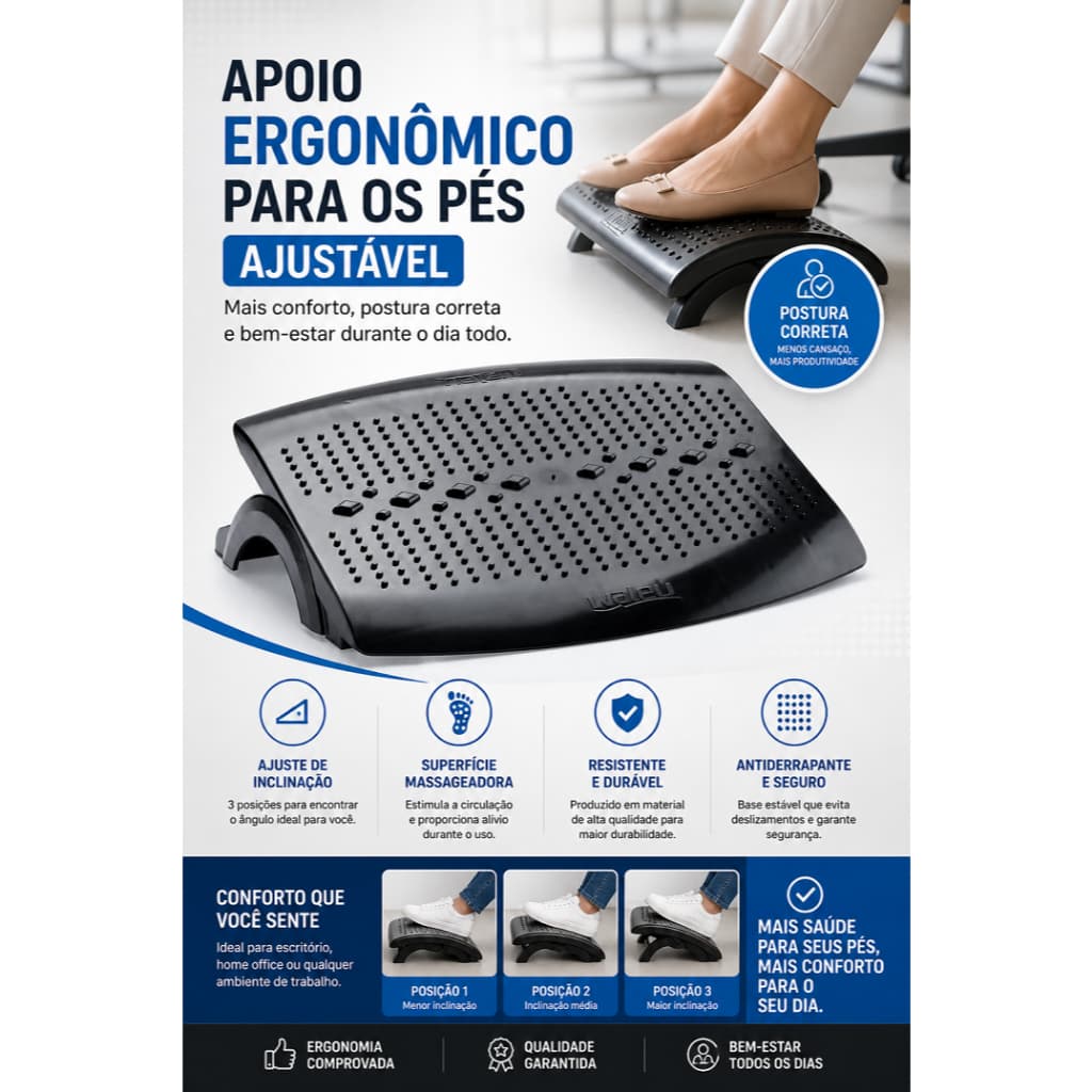 Apoio Ergonômico para Pés Ajustável NR17 Antiderrapante Descanso para Pés Escritório Home Office Conforto Postura