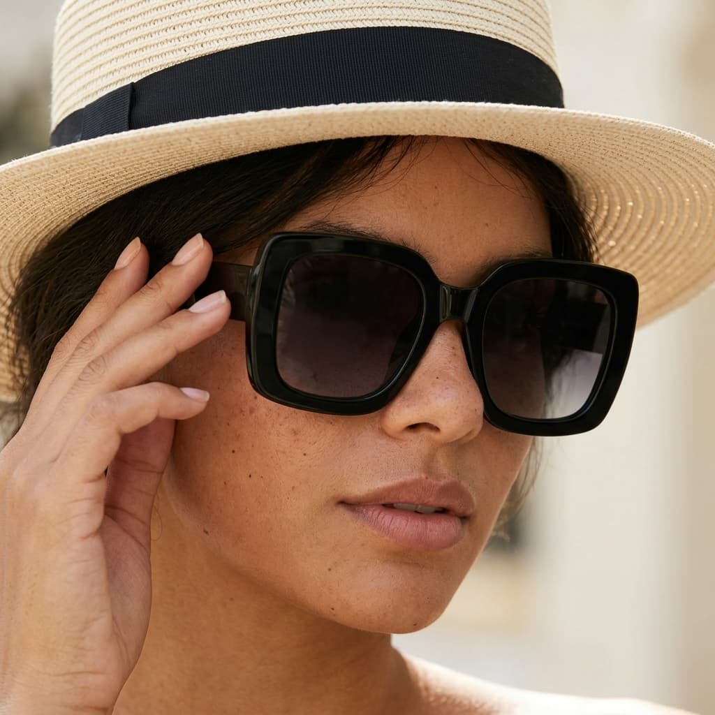 Kit Chapéu Paris + Óculos Feminino UV400 Preto Elegante Praia Verão Luxo Moda Tendência Completo
