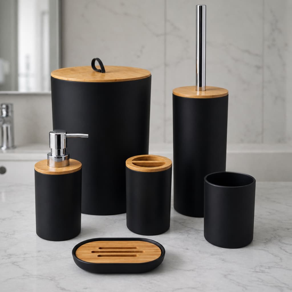 Kit de Banheiro Completo com 6 ou 4 peças Lixeira Bambu para Lavabo