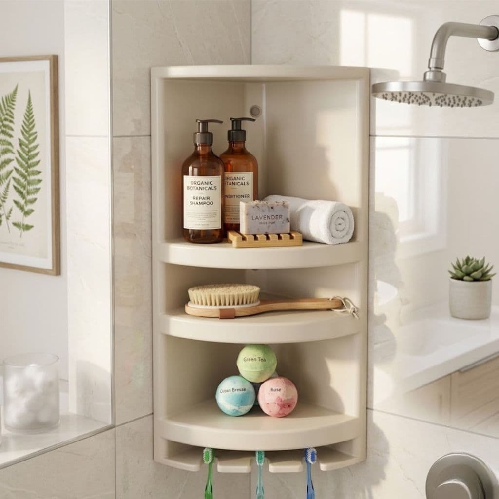 Cantoneira Porta Shampoo de Canto 3 Andares Organizador Banheiro com Suporte Escovas Branco e Cinza