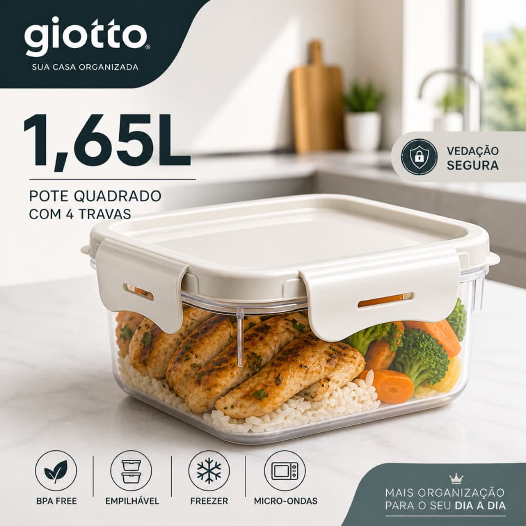 Pote Quadrado Com 4 Travas 1650ML Off White Armazenamento de alimentos Artigos cozinha casa Giotto