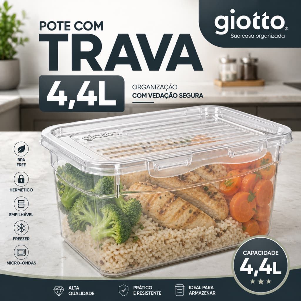 Pote Com Tampa Trava 4,4L Transparente Armazenamento de alimentos cozinha frezeer micro ondas Giotto