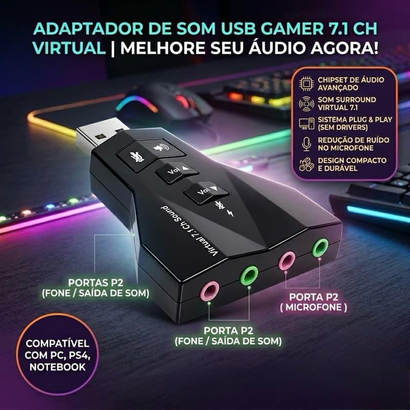 Placa De Som Audio Usb Externa 7.1 Entrada P2 3D Pc Notebook Ps4