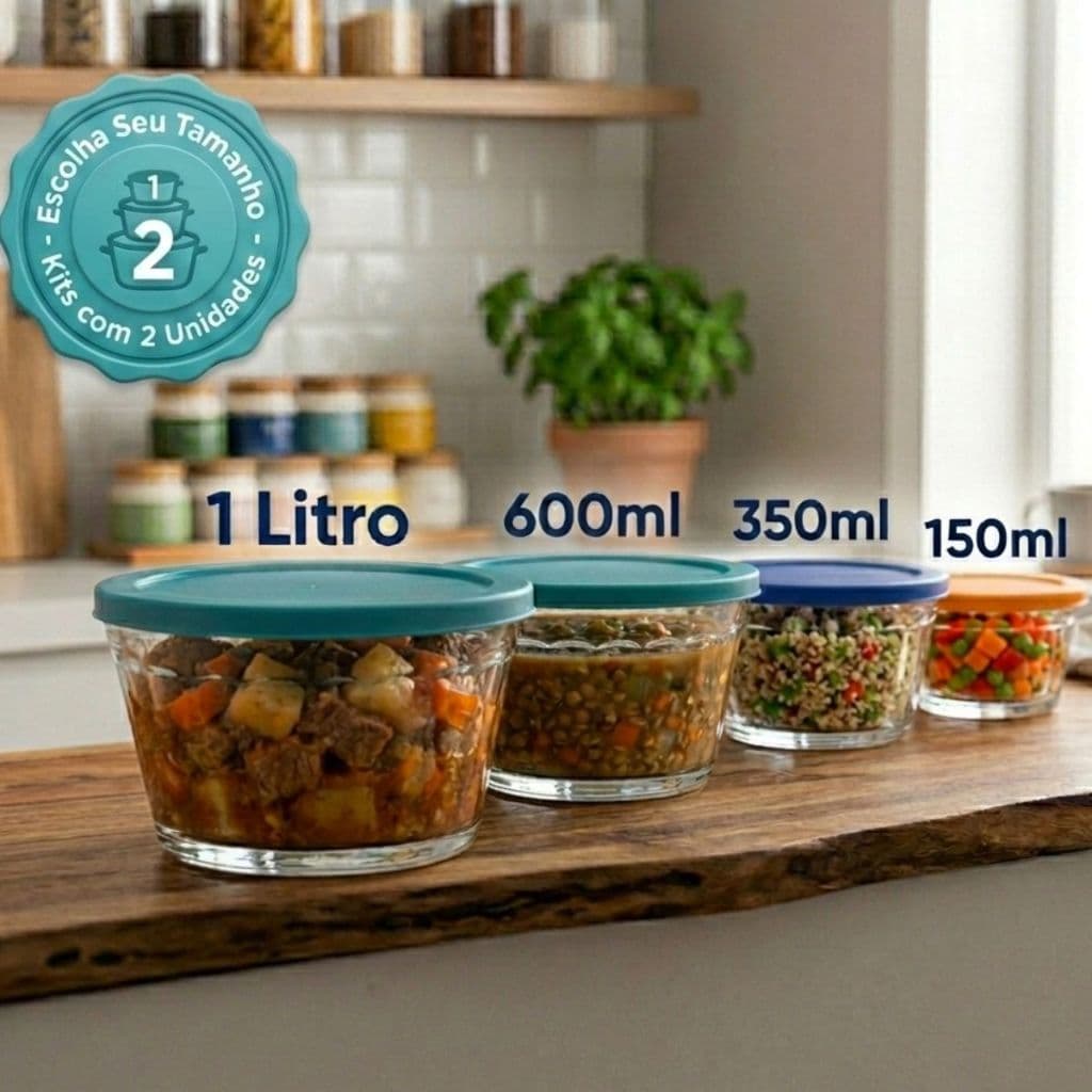 Kit 2 Unidade Pote Tigela De Vidro Americano Com  Tampa 1L/600ML/350ML/150 ML Saladeira Marmita Papinha Nadir Figueiredo