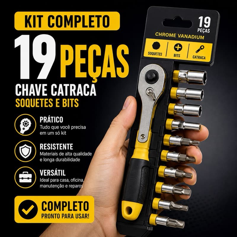 Kit Chave Catraca 19 Peças Completo Soquetes e Bits Manutenção Rápida Profissional