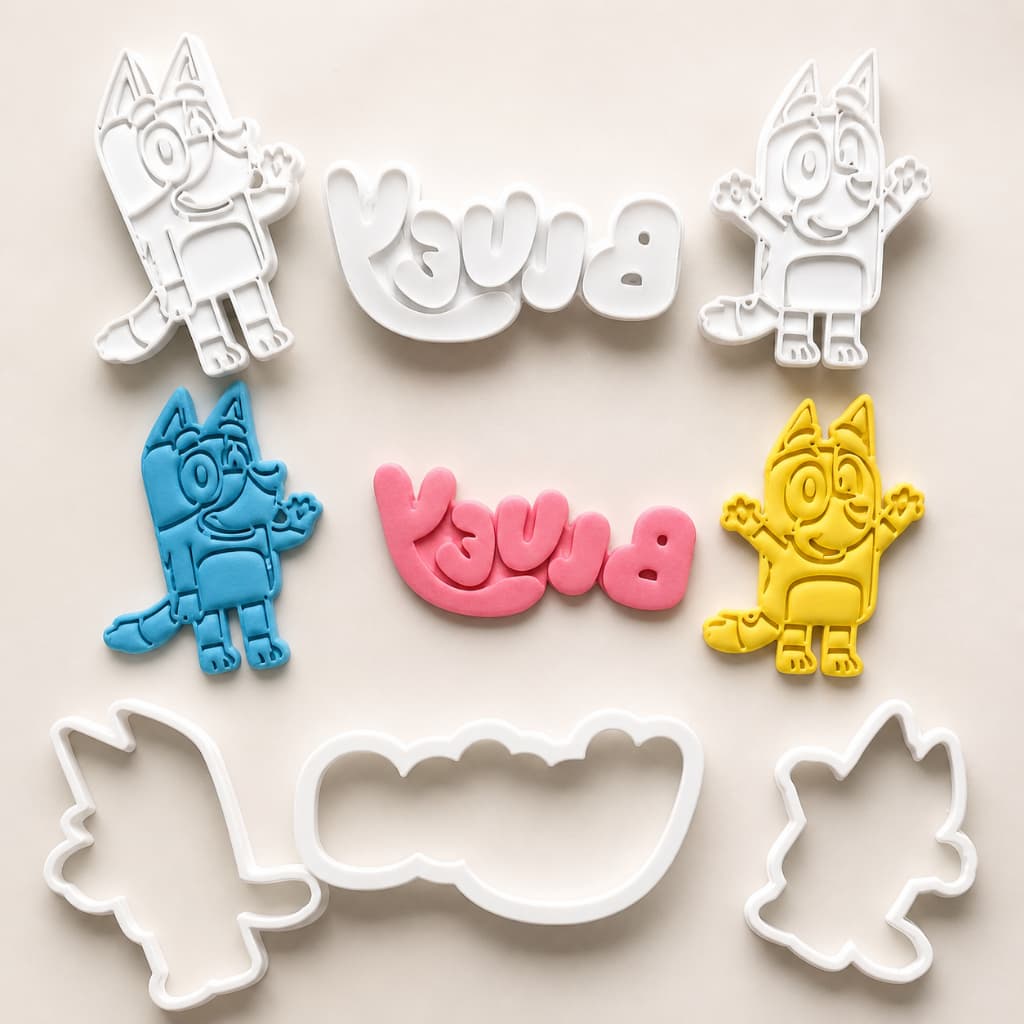 Kit 3 Cortadores e carimbos de Biscoito Bolacha Pasta Americana Cookies Bluey c/ Puxador aprox 7 cm
