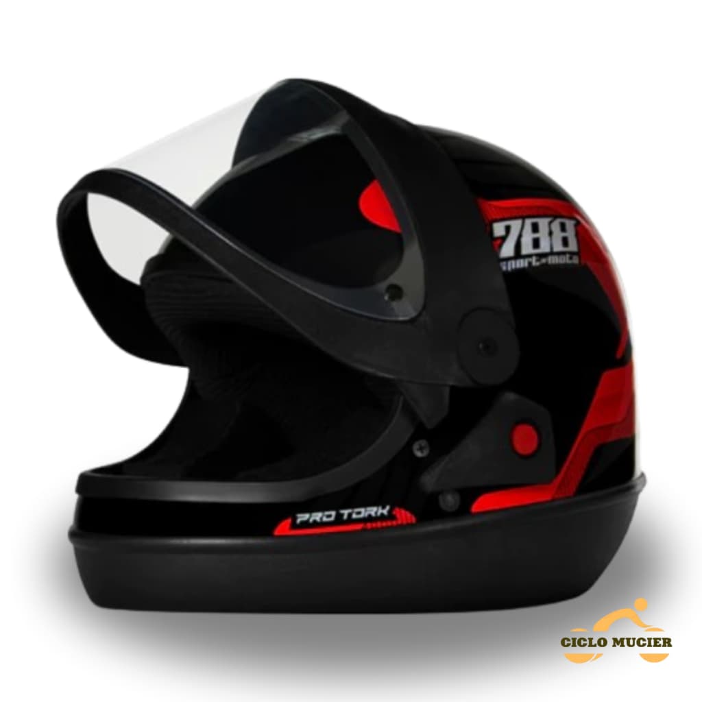 Capacete Fechado Moto 58 Pro Tork Sport Moto 788 Automatico Preto e Vermelho Viseira Transparente INMETRO NF