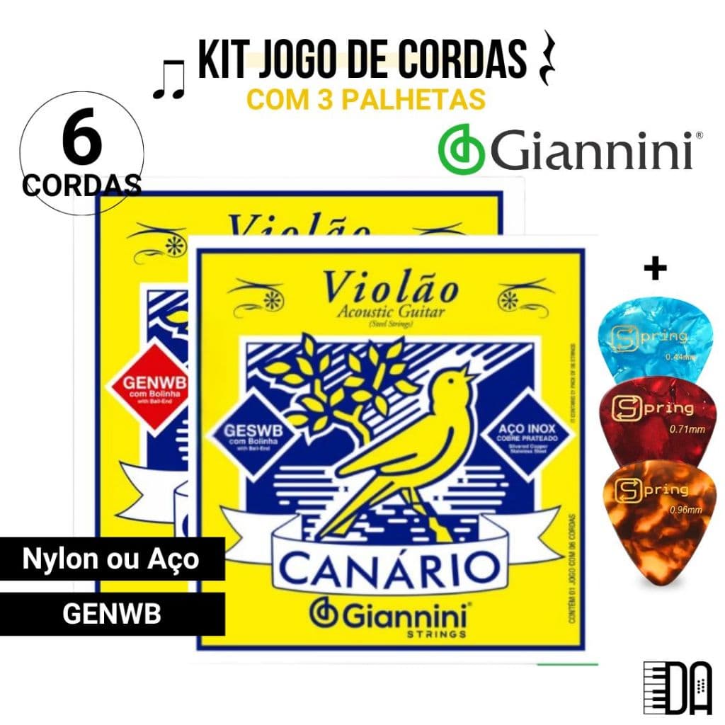 Kit Jogo de Cordas Encordoamento para Violão Giannini Nylon e Aço com Bolinha com 3 Palhetas Spring