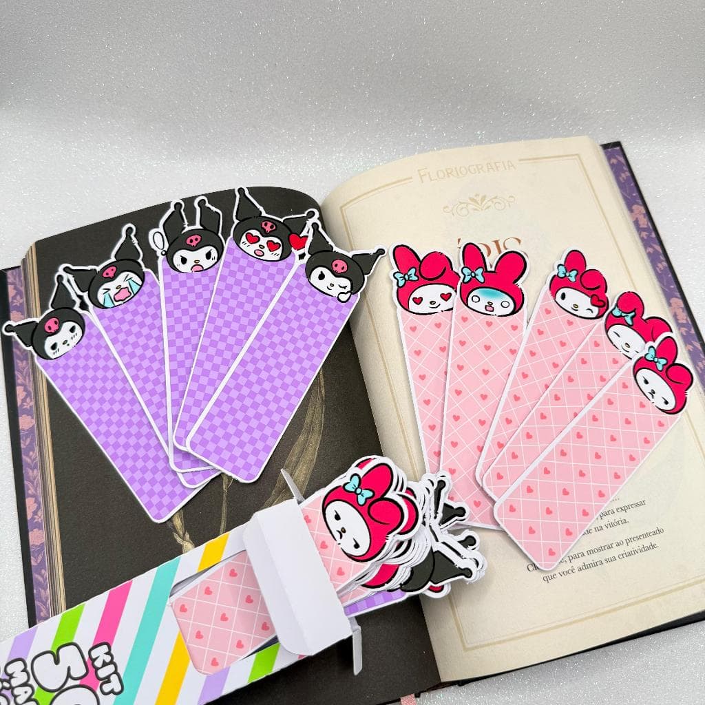 Kit 50 Marca Páginas Sanrio Kuromi e My Melody Kawaii 10 Modelos Diferentes