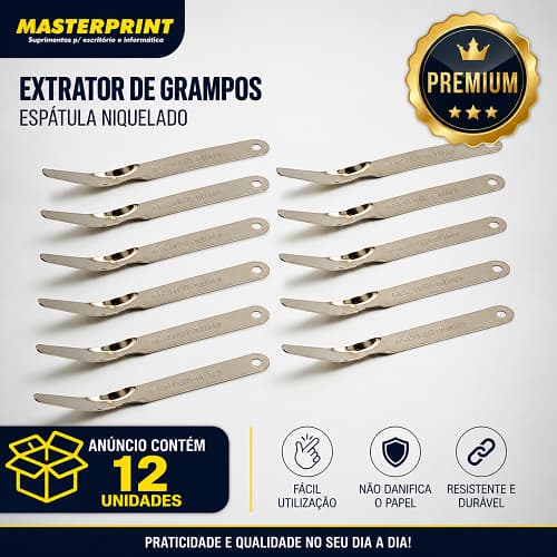 Extrator de Grampos Espátula Niquelado Masterprint 12 Unid Escritório Papelaria