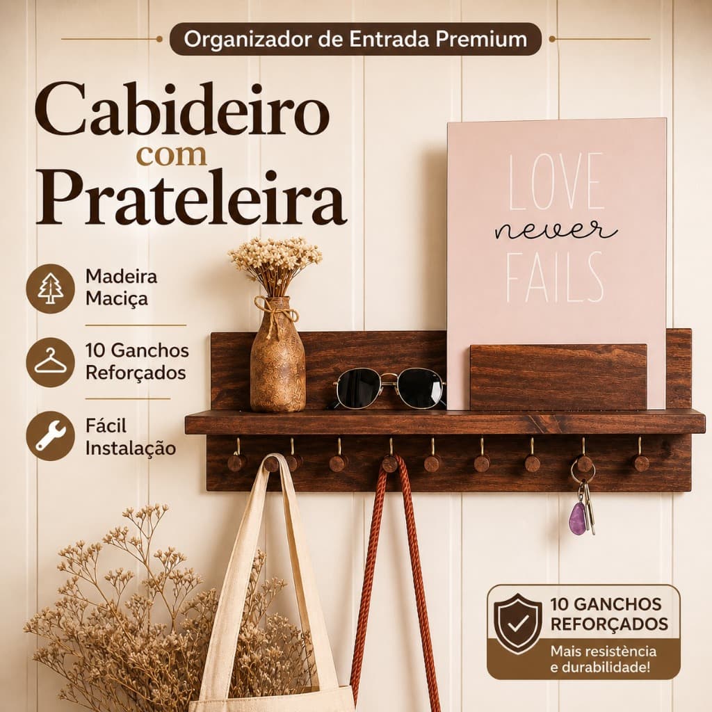 Cabideiro de Parede em Madeira Com Ganchos e Prateleira Organizador de Entrada, Hall e Corredor