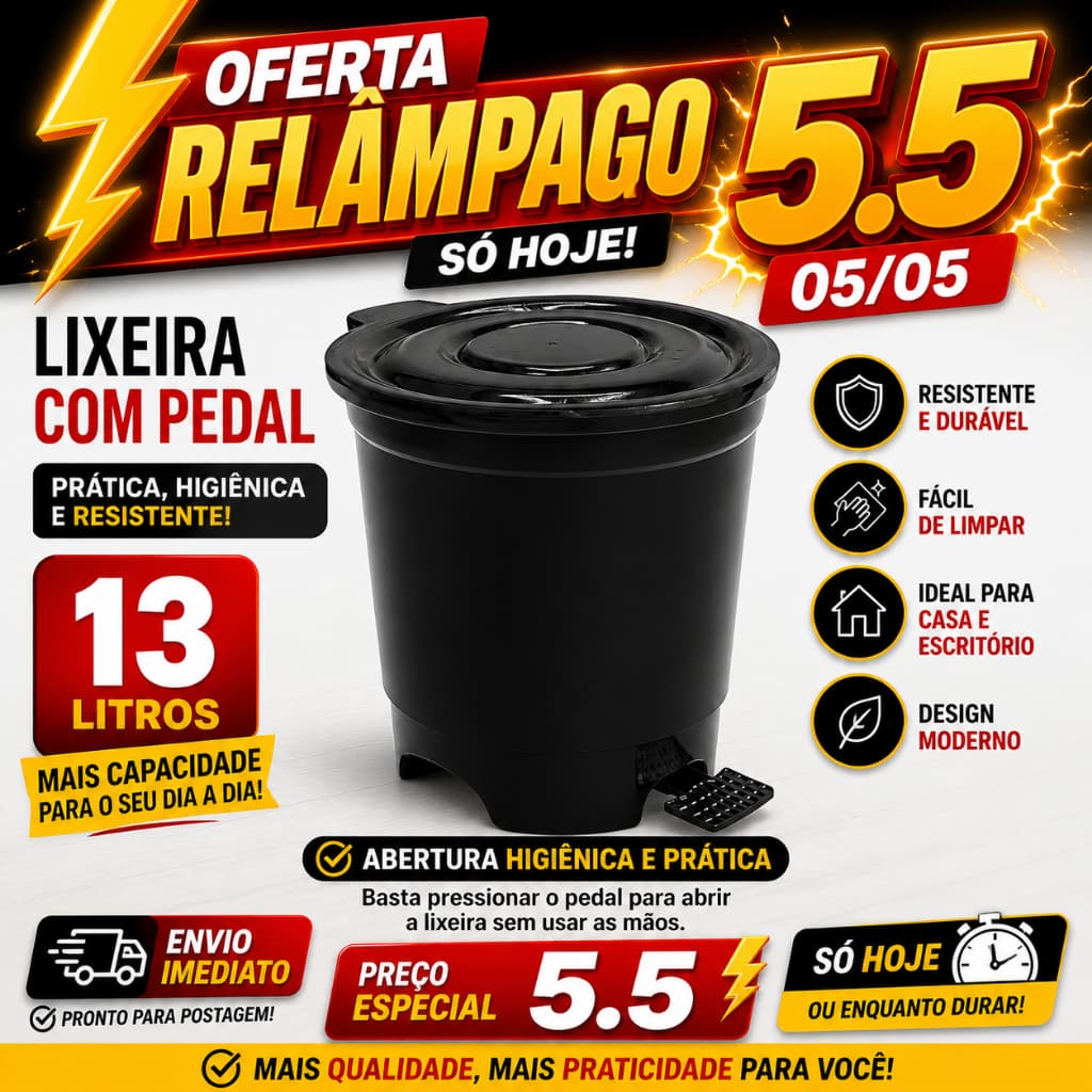 Lixeira 13 Litros Com Pedal Preta Ideal Para Cozinha, Banheiro, Lavanderia ou Escritório